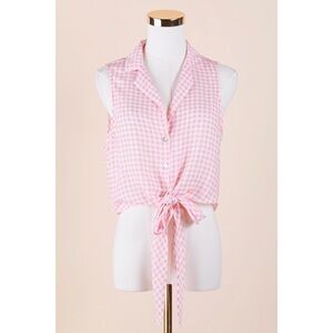Sz S Show Me Your Mumu Sleeveless Collared Tie Front Gingham Pink White Top GUC